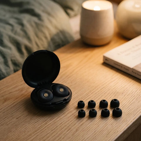 Hevi™ Silent Earplugs – puzdro so štupľami a 4 páry nástavcov na nočnom stolíku